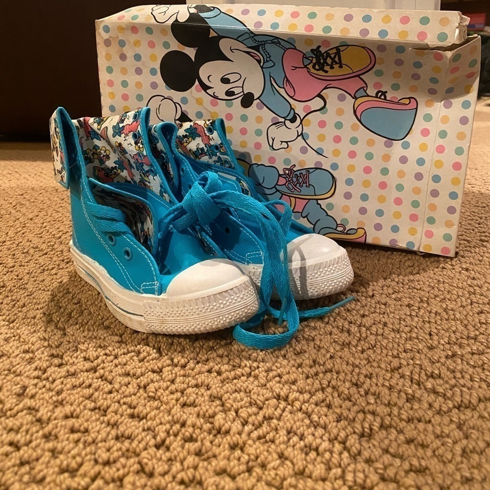đĽMickey & Minnie Mouse Turquoise Blue Inner Floral Lace Converse Shoes - Picture 6 of 7
